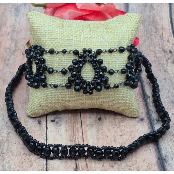 Black Glass Crystal Jewelry Set Choker Necklace Wide Bracelet Goth Witchy Formal - Picture 1 of 10